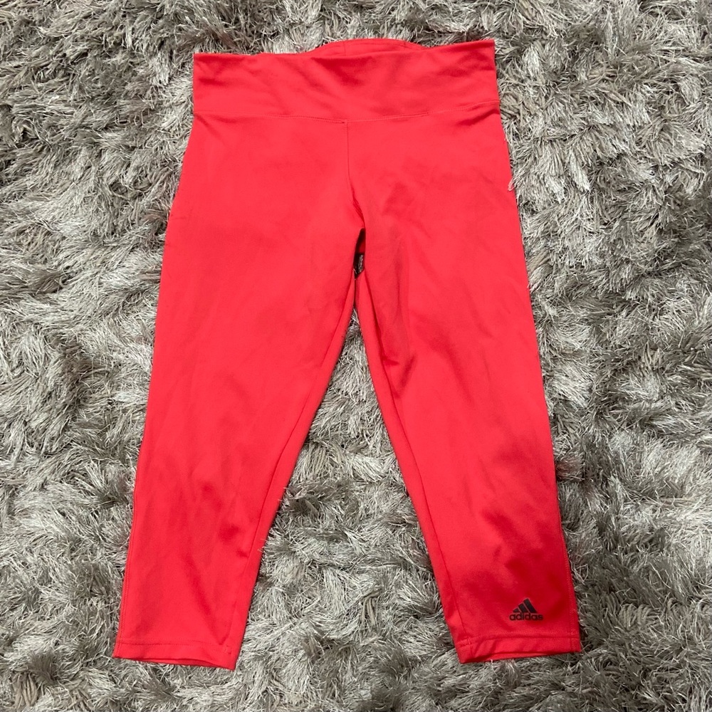 Adidas Climalite women tangerine red knee length workout leggings. Size S. Used.